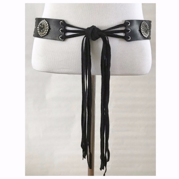 Leatherock Black Leather Natural Stone Medallion Fringe Belt